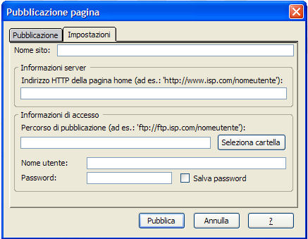 immagine configurazione pubblicazione sul web di NVU